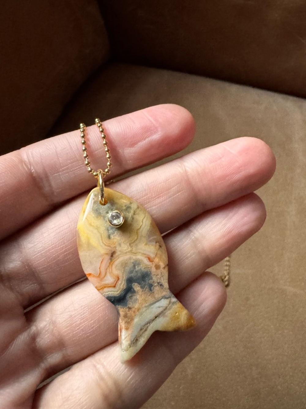 Sunstone Fish carved semiprecious stone sea ocean pendant necklace CZ gemstone